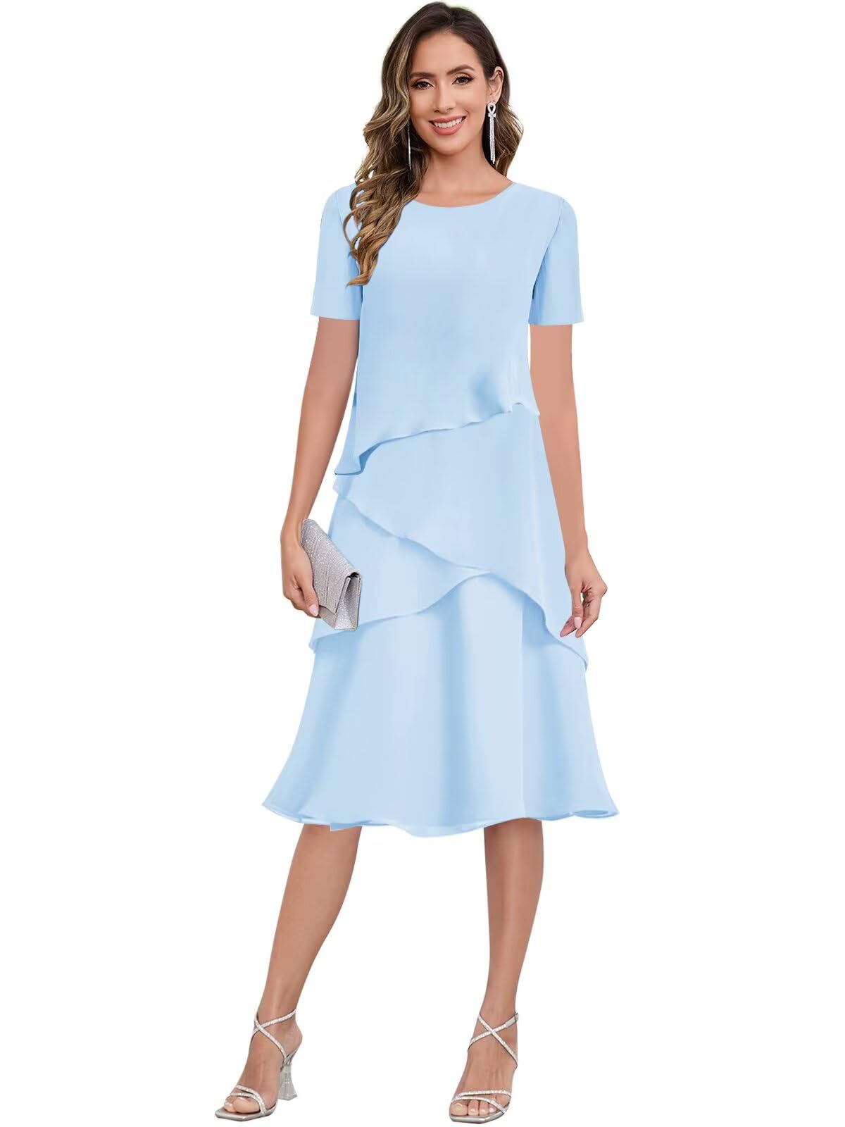Tea Length Mother of The Bride Dresses for Women Chiffon Ruffle Formal Dress for Wedding