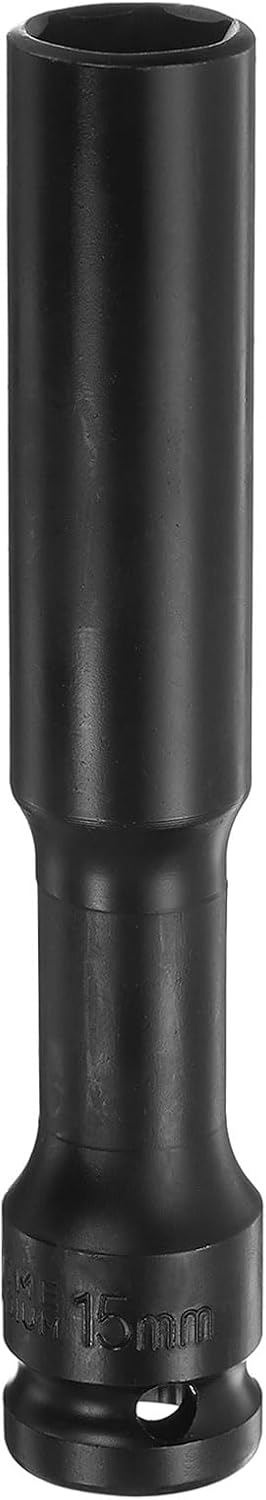Generic Deep Thin Wall Impact Socket 15mm Metric 6 Point Socket 1/2" Square Drive 5" Extra Long Phosphated CR-V Steel Industrial Grade Spindle Axle Nut Socket, Black