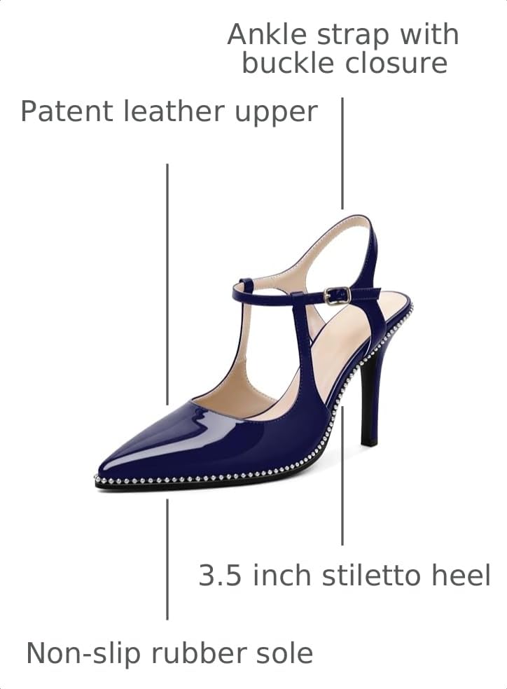 Image of SAMMITOP Womens High Heels Ankle Strap Pointed Toe Stilettos Patent Leather Beaded Pumps Dress Shoes 3.5 Inch