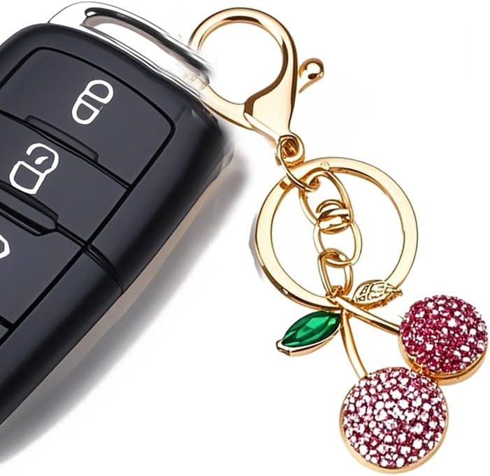 ARFUKA Cherry Keychain Crystal Rhinestone Keyrings Key Chains Rings Holder Jewelry Car Bag Charm Accessories Pink image 3