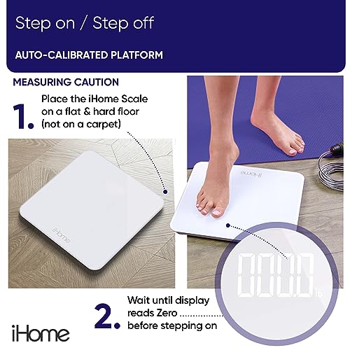 iHome Digital Scale Step-On Bathroom Scale - iHome High Precision Body Weight Scale - 400 lbs, Battery Powered with LED Display - Batteries Included -Great for Home Gym (White)