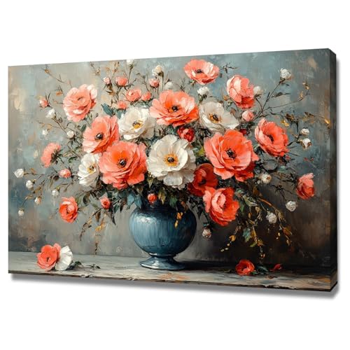 Tableau Fleurs Rouge et Blanc sur Toile Premium avec Cadre 60x90cm