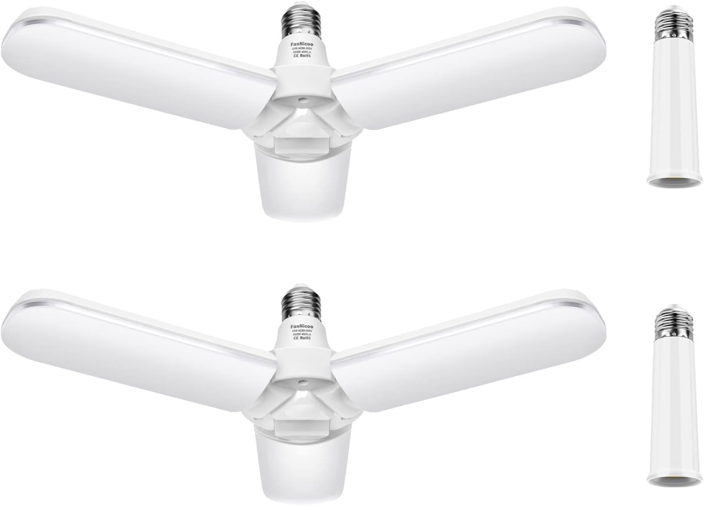FanNicoo LED Garage Lights 500W Equivalent Deformable Ceiling Bulb 45W 4500LM 6500K Cool Daylight White,E26/E27 Medium Base Led Shop Light for Garage Basement Shop Workshop Warehouses Barn Attic