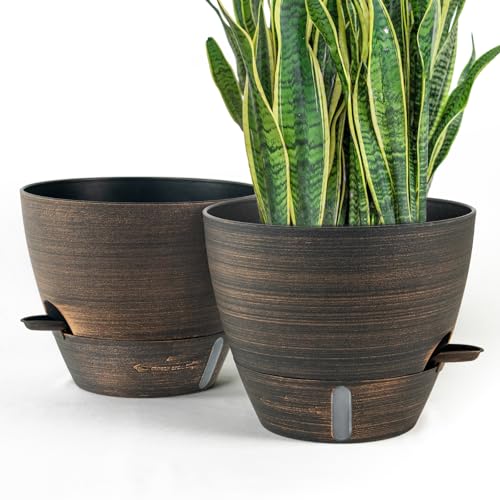 ZMTECH 10 Inch Self Watering Pots for Indoor/Outdoor Plants, Bronze Large Plastic Planter with Water Level Indicator, Drainage Hole & Removable Saucer for Garden Flowers, Deco Plant Container