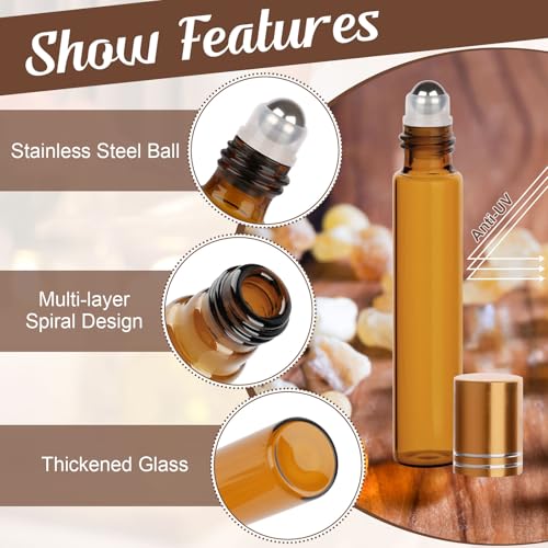 SONEER Roll on Glasflaschen für Ätherisches Öl, Roll on Flasche Leer 10 ml mit Edelstahl-Ball, Rollon Flaschen mit Öffner, Tropfer, Strohhalm, Etiketten für Aromatherapie Massage (Braune, 6 Stück)