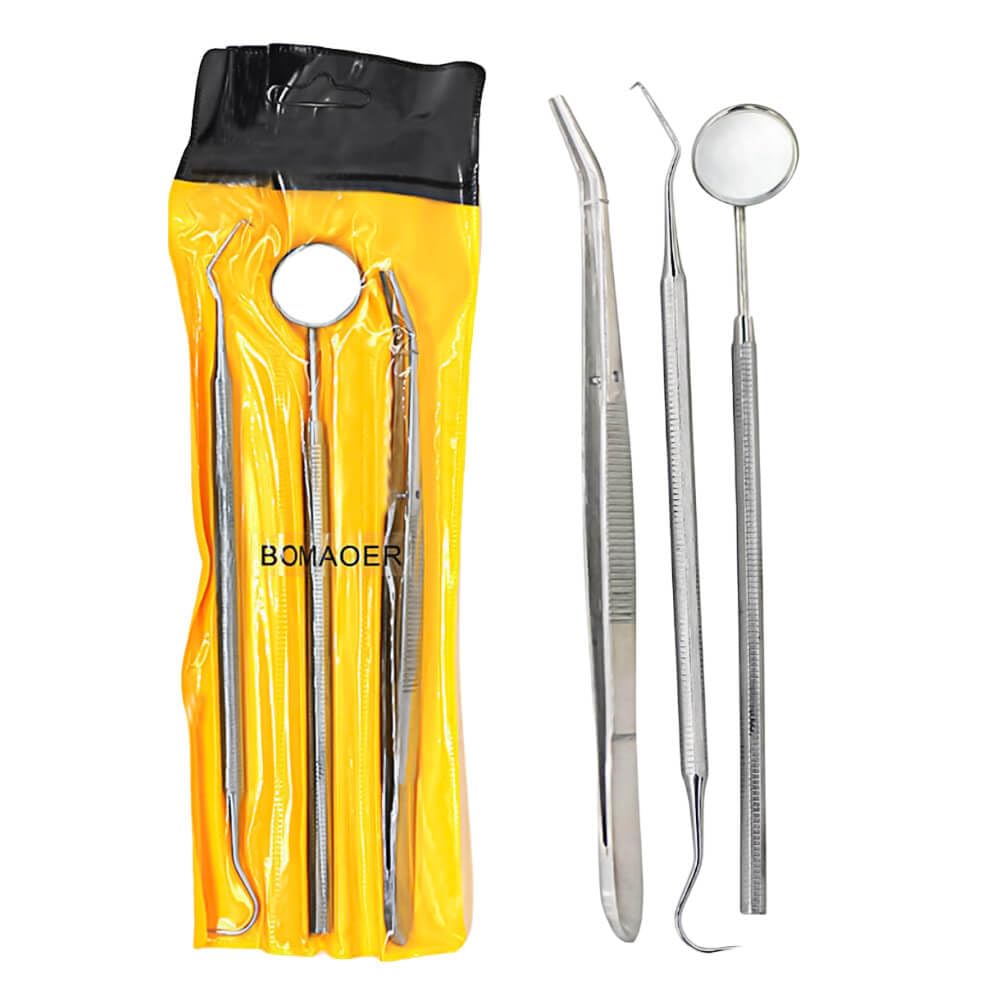 Kit professionale per l'igiene orale, set da 3 pezzi: specchio, esploratore e pinzette (confezione da 10)