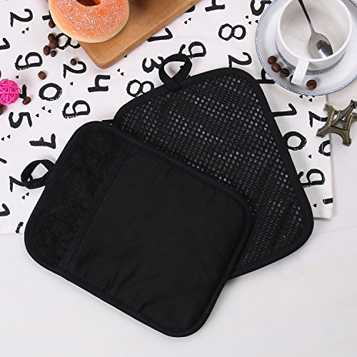 100% Cotton With Silicone Kitchen Everyday Basic Pot Holder Heat Resistant Coaster Potholder Oven Mitts With Pocket For Cooking And Baking Set Of 2 Black #TOP7