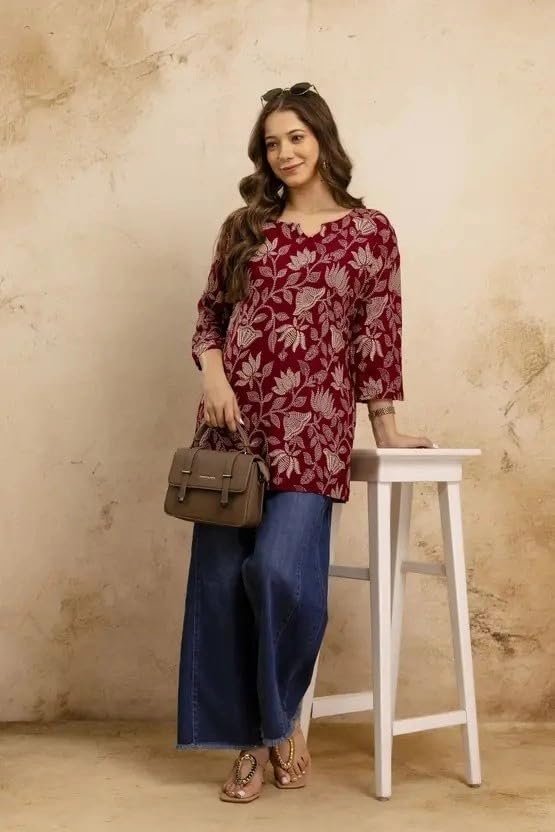 Image of Women's Short Kurti in TopsTunic Rayon Cotton Blend | Ladies Ethnic Tunic