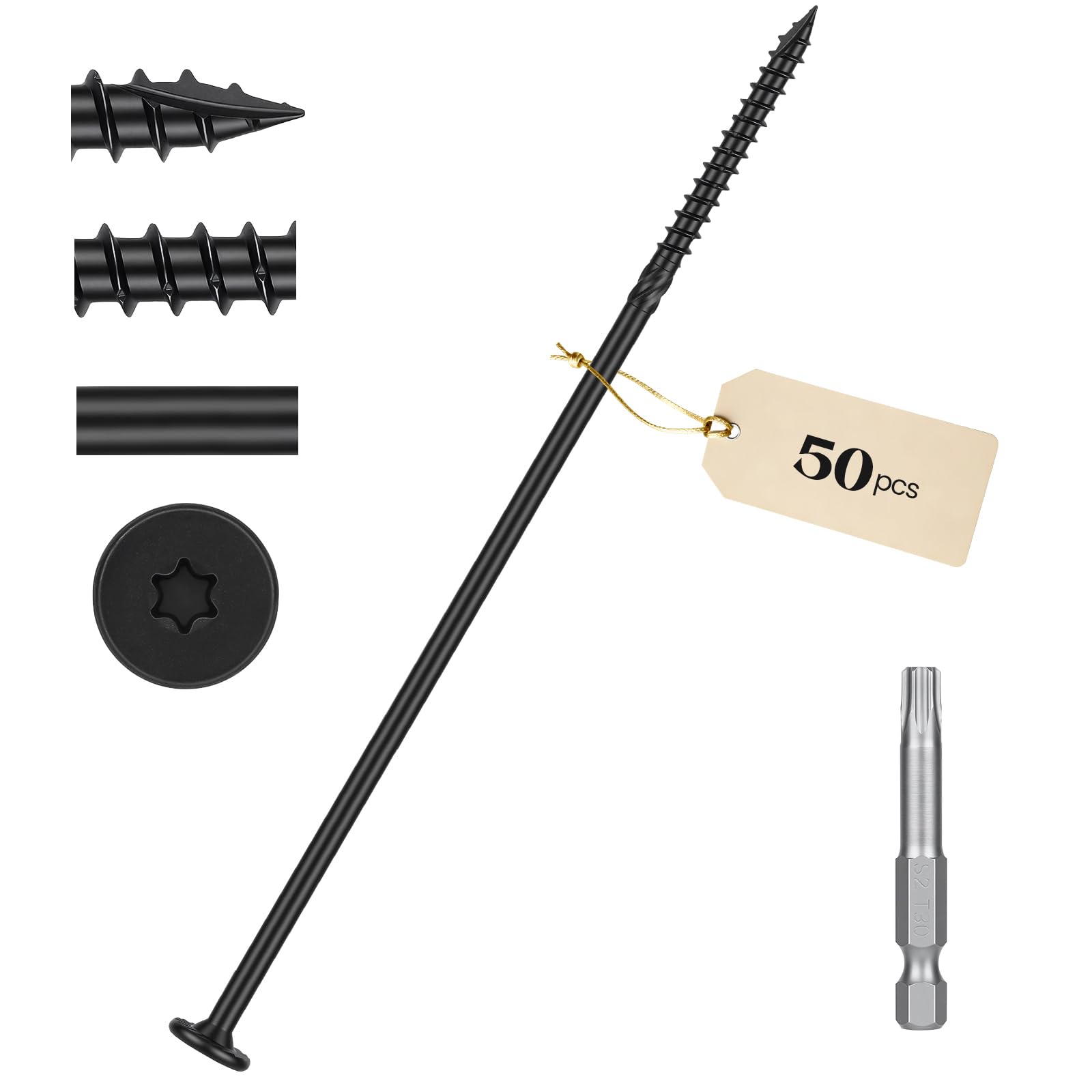 Kryonix Assortiment de 50 vis à bois d'extérieur robustes de 20,3 cm, 50 vis à bois résistantes à la rouille pour bois/bûche/aménagement paysager (#14 x 8, noir)