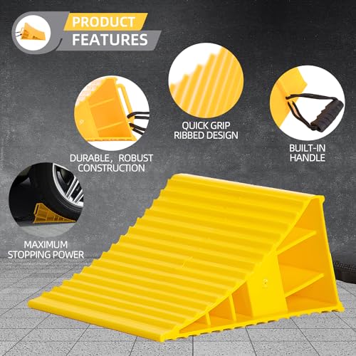 Image of Homeon Wheels RV Camper Large Wheel Chocks Extra Wide with Handle and Rope for Travel Trailers, Cars, Tire Chocks Blocks 2 Packs Hard Plastic Heavy Duty(Yellow)