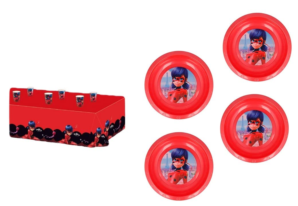 ALMACENESADAN 8435510348977, 4897, Lady bug pack, miraculous composed of superpilots tablecloth 120 x 180 cm, 4 reusable bowls, ideal for parties and birthdays