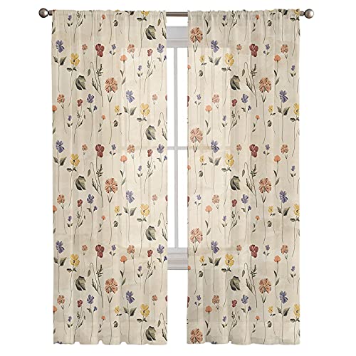 Semi Sheer Curtains 63 Inch Length, Retro Small Floral Window Treatments Curtains,Light Filter Curtains Rod Pocket Drapes For Living Room Bedroom,2 Panels #TOP2