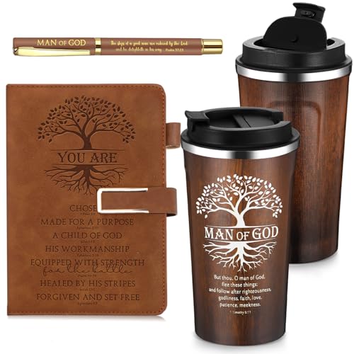 Pickmesh 3 Pcs Christian Gift for Men Man of God Bible Prayer A5 Leather Journal with Pen 17 oz Coffee Cup Bible Study Kit for Christmas Sunday School Teacher Pastor Baptism Church(Brown)