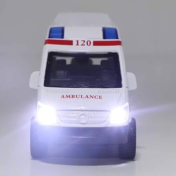 Aramox Mini Stimulation Alloy Ambulance Car Model Toy Vehicle with Whistle and Lighting Function for Kids Toy, Parent and Children Interaction - Alloy, 132 Scale Red