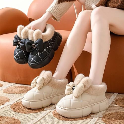 Zureto Women's Cute Bowknot Design Plush Lined Slipper Boots, Winter Warm Anti-Skid Thick Sole Bow Slippers, Waterproof House Slipper2