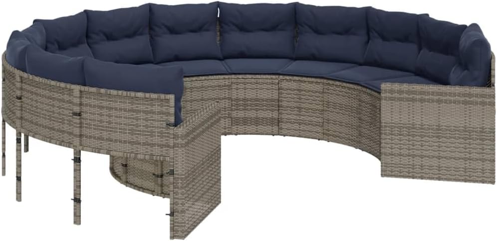 Large Durable Outdoor Sofa Round Grey Poly Rattan Patio Sofa with Weather-Resistant Cushions for Balcony Garden