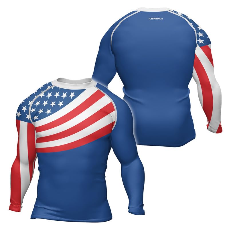 Men's USA American Flag Patriotic Rash Guard Long Sleeve Compression Shirt for MMA BJJ Jiu Jitsu