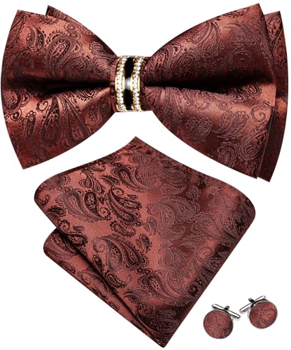 Image of YOHOWA Mens Bow Tie Set Paisley Pre-tied Bowties Adjustable with Handkerchief Cufflinks Gold Ring Set Wedding Prom Party