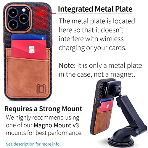 Image of Dockem Fabric Card Case for iPhone 13 Pro with Built-in Metal Plate for Magnetic Mounting, Stitched-on Genuine Leather Wallet with 2 Credit Card /ID Slots: M2F 6.1 inch Pro [Grey w /Light Brown]