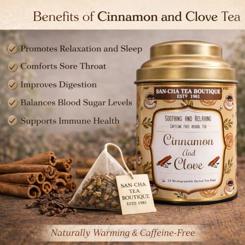 Image of Sancha Tea Boutique, Cinnamon & Clove Herbal Tea, Caffeine-Free Tisane, 25 Biodegradable Pyramid Tea Bags, Warming & Aromatic Herbal Blend