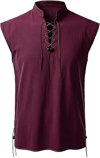 Men Tank Top Muscle Fit Beach Sleeveless Shirt Lace Up Bohemian Hippie Renaissance Pirate Loose Fitness Tunic Costumes