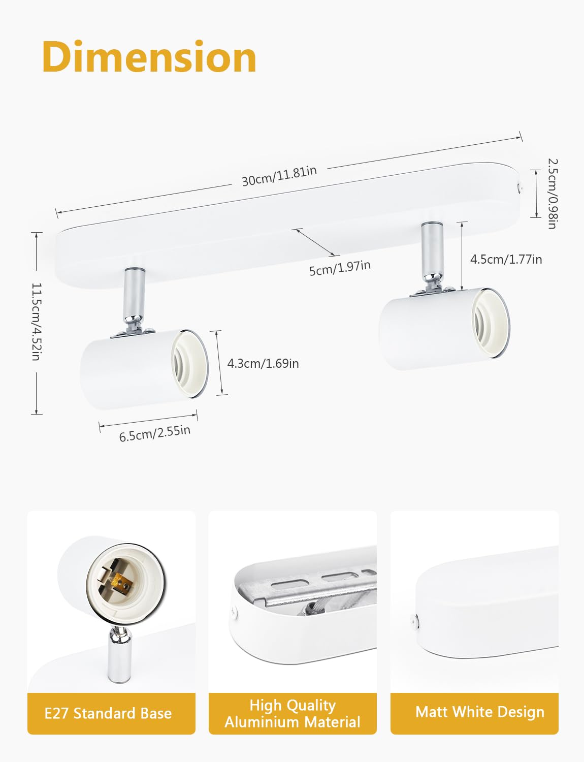 KYOTECH Lampada da soffitto Orientabili, con 2 faretti soffitto, adatta per 2 lampadine E27 non incluse max 60W, plafoniera per cucina, lampadario stile industriale (bianco,alluminio)