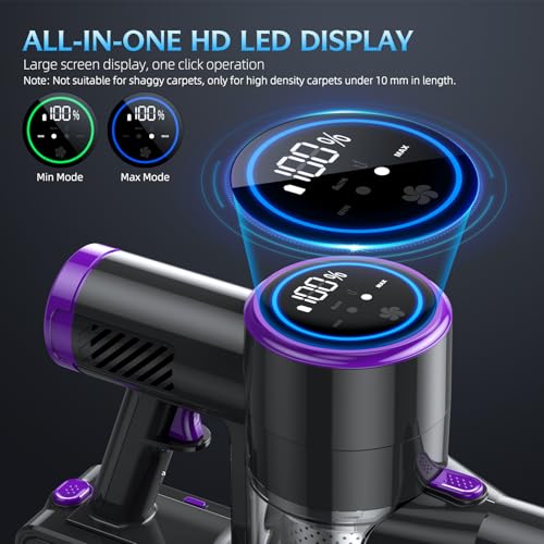 Cordless Vacuum Cleaner, 20KPA Stick Vacuum with LED Display, 2 Modes 6 in 1 Lightweight Cordless Stick Vacuum Cleaner with 40Min Detachable Battery Vacuum Cleaner for Home Hard Floor Car Carpet