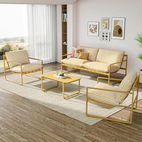 Grand patio Gartenmöbel 4er Set, Balkonmöbel Set 4 Personen mit Kissen, Lounge Möbel Outdoor mit Gartensofa, 2 Sessel, Tisch, Terassenmöbel Sitzgruppe Loungemöbel für Garten, Außen, Drinnen (Gelb)