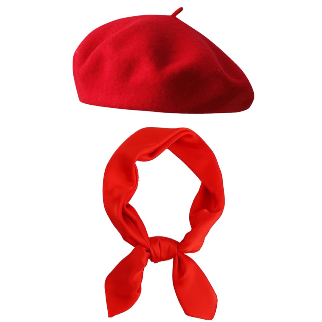 Wool Beret Hat with Silky Scarf Brooch Solid Color French Beanie