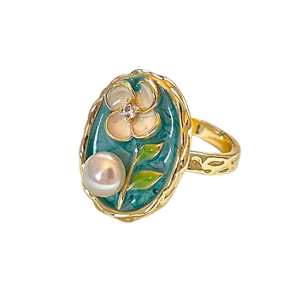 Anillos abiertos de perlas esmaltadas de moda para mujer, chapados en oro de 14 quilates, diseño de hojas florales vintage, banda de dedo única, apilable, anillo de boda, ajustable, cóctel, fiesta,