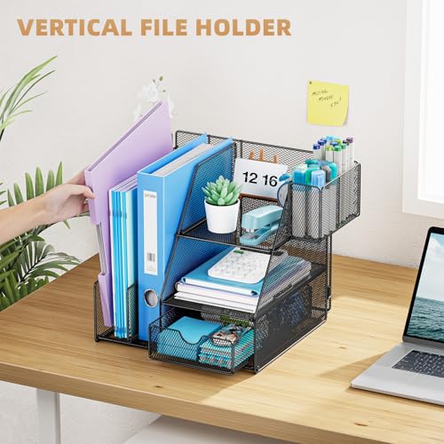 Marbrasse Desk Organizer and Accessories, 3-Tier File Organizer with Drawer and Pen Holder, Small Desktop Organizer and Storage for Workspace Office Supplies Black