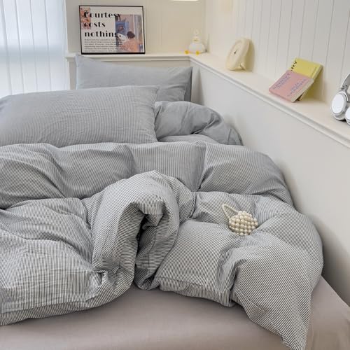 Image of mixinni Grey Striped Duvet Cover Queen Size - 100% Washed Cotton Pinstripe Comforter Cover with Zipper Closure, Lightweight & Breathable, 3 Pieces Minimalist Stripes Pattern Printed Bedding Set