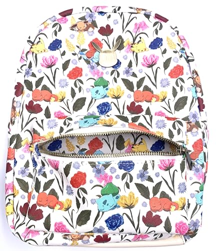 Bioworld Mini mochila Sleeping Pokemon com estampa floral de 28 cm – Pikachu, Bulbasaur, Eevee, Charmander,