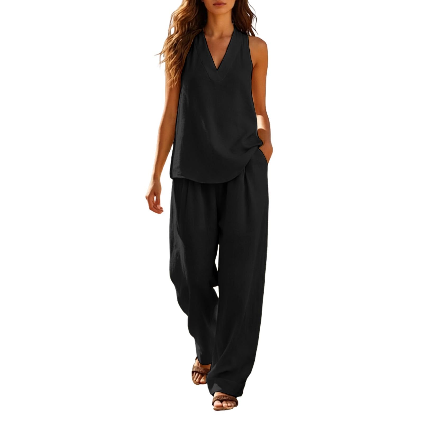 Set di Due Pezzi di Lino Casual Completo Casa Larghi Taglie Forti Curvy Tuta Elegante Camicia + Pantaloni Lino Completa Larghi Estiva Confortevole Due Pezzi Pantaloni Tuta Donna Cotone Leggero