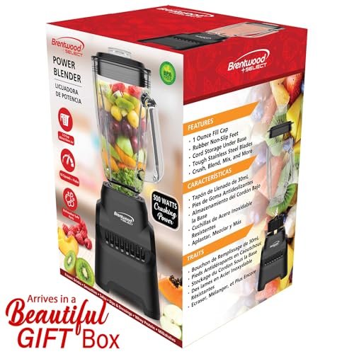 Brentwood Select JB-500BK 10-Speed Countertop Blender with Pulse Button, 5.3-Cup Glass Jar, Stainless Steel Blades, Non-Slip Base, Dishwasher-Safe Parts, Black