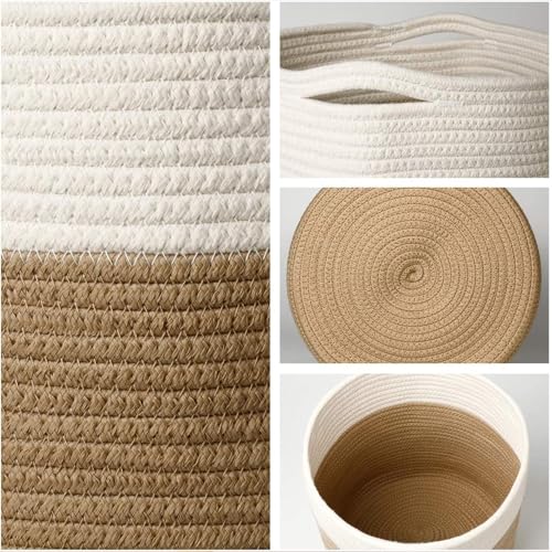 huipinghu 20cm Cotton Woven Plant Pot | Breathable Indoor Planter Basket for Potted Plants | Built-in Handles - 20x20cm for Boho Home Decor & Herbs (White+Yellow) - Image 6