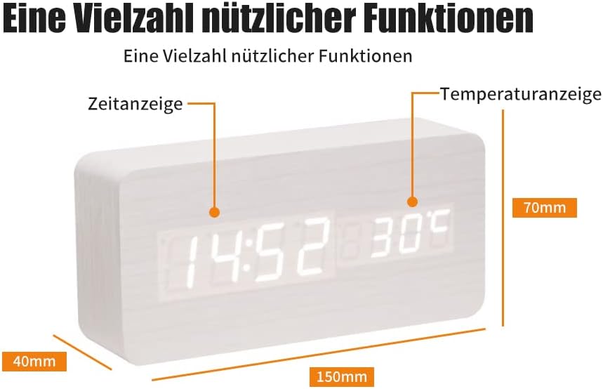 Wooden Digital Alarm Clock, LED Display Bedside Clock Wood Fashion MultiFunction USB Alarm Block Time Temperature Sound Control for Desk Table Bedroom Office Kids Families (White Wood White Light)