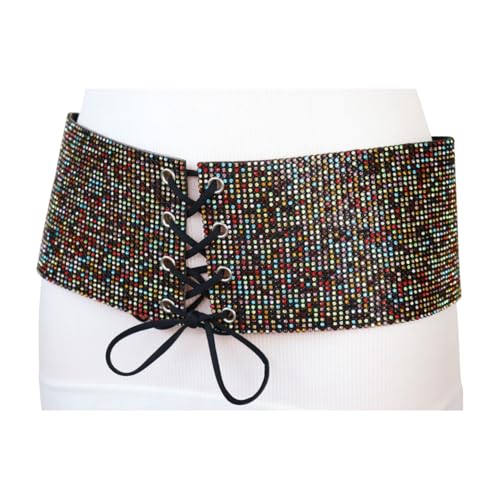 Trendy Fashion Jewelry Women Wide Black Faux Leather High Waist Corset Belt Multicolor Rhinestones Size M z3013
