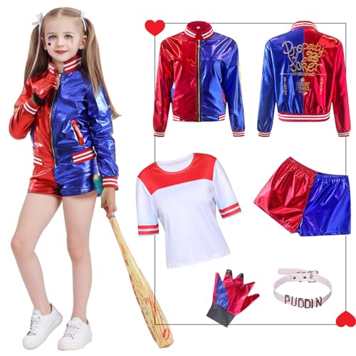 Disfraz de Quinn para Niñas Cosplay Suicide Escuadrón Set - chaqueta, camiseta, pantalones cortos,...