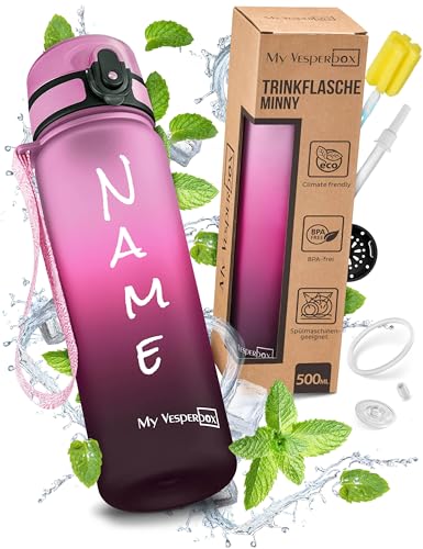 My Vesperbox® Personalisierte Trinkflasche Kinder 500ml [INK. STROHHALM & SIEB] - Wasserflasche Kohlensäure Geeignet & Auslaufsicher - Water Bottle Kids - für Schule & Sport - BPA frei