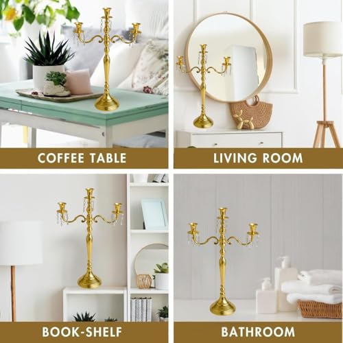 Image of Premium 24 Inch Golden Aluminum 3-Arm Candle Stand with Crystal Hangings | Luxury Centerpiece for Home Decor, Weddings, Festive Decoration & Dining Table