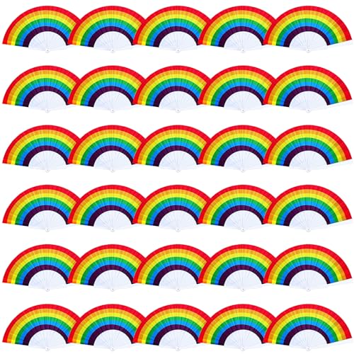 Pinkunn 30 Pcs Rainbow Folding Fans Rainbow Party Decoration Colorful Hand Held Lgbt Pride Plastic Foldable Fan for Women Men Music Festival Events Dance Supplies