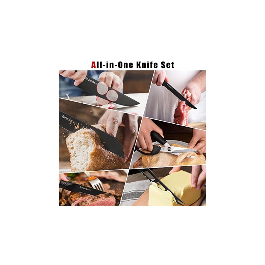 Astercook Knife Set, 21 Pieces Chef Knives Set with Block for Kitchen, German Stainless Steel Handle One-Piece Design Knife Block Sets, Dishwasher Safe, Black