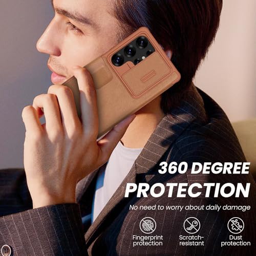Image of Nillkin Case for Samsung Galaxy S25 Ultra (6.8 inch Inch) Qin Pro Camshield Camera Slider Genuine Classic Leather Flip Folio + Card Slot Brown Color