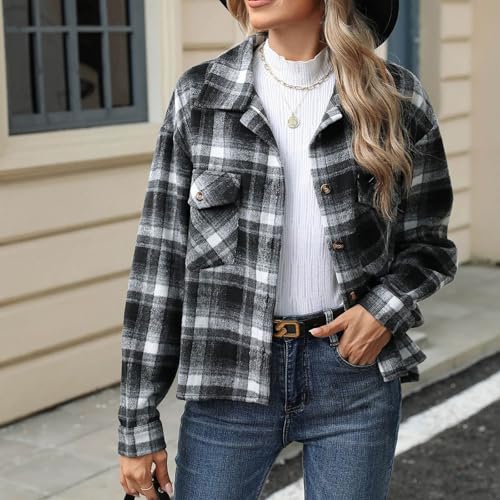Womens Plaid Shacket Jacket Button Down Long Sleeve Plaid Flannel Shirts Fall Casual Loose Fit Coats Fashion Clothes2