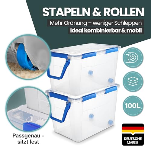 Kreher® Wasserdichte Aufbewahrungsbox Rollbox Transportbox (IP67) mit Deckel und Rollen. Aus robustem Kunststoff mit praktischen Transportgriff. 100 Liter Volumen. Staub- und Nässegschützt. (1)