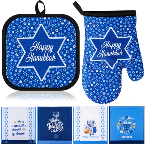 VitalCozy 6 Pcs Hanukkah Hostess Gifts Include 4 Pcs Hanukkah Kitchen Towels Chanukah Pot Holder and Oven Mitt Hostess Kitchen Decor Hanukkah Decorations for Hanukkah Cooking Accessories