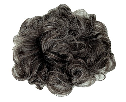 HAIR EXTENSIONS CURLY MESSY DRAWSTRING UPDO FULL BUN IN BROWN GREY MIX Synthetic