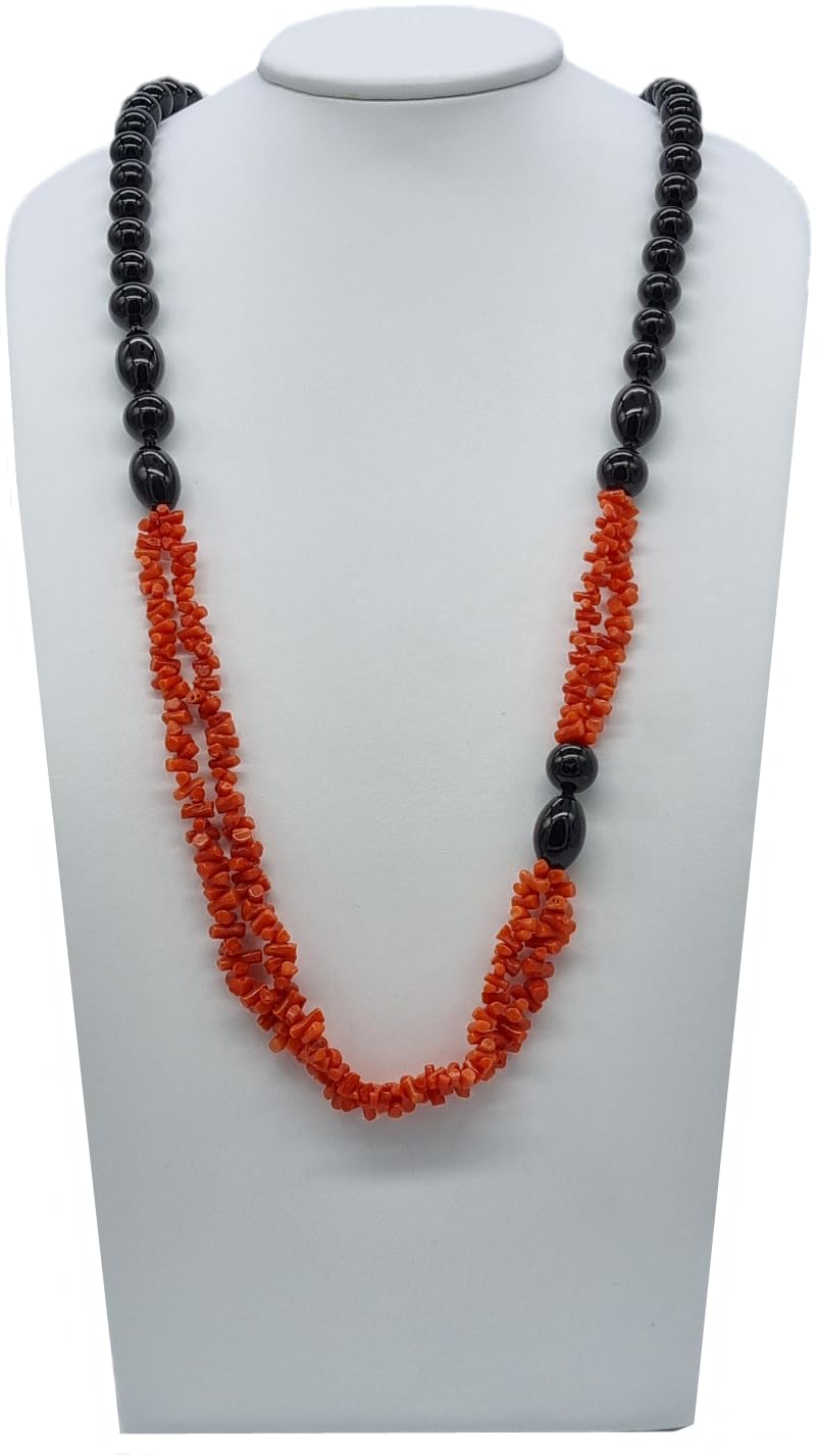 sicilia bedda - COLLANA IN CORALLO ROSSO DEL MEDITERRANEO e AGATA NERA - Gioiello Artigianale