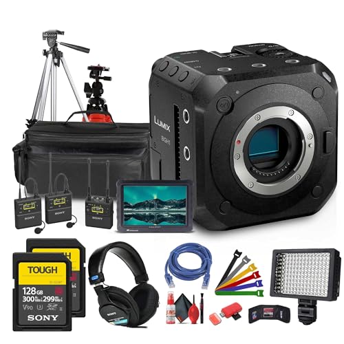 Panasonic Lumix BGH1 4K Box Cinema Camera (DC-BGH1) + Mic System + 2 x 128GB Memory Card + Monitor + Pro Headphones + Case + LED Light + Tripod + Flexible Tripod + Cleaning Kit + HDMI Cable + More